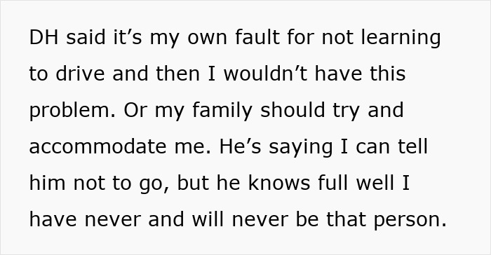 Text about husband blaming wife for not driving, related to skipping MIL's birthday for sports.