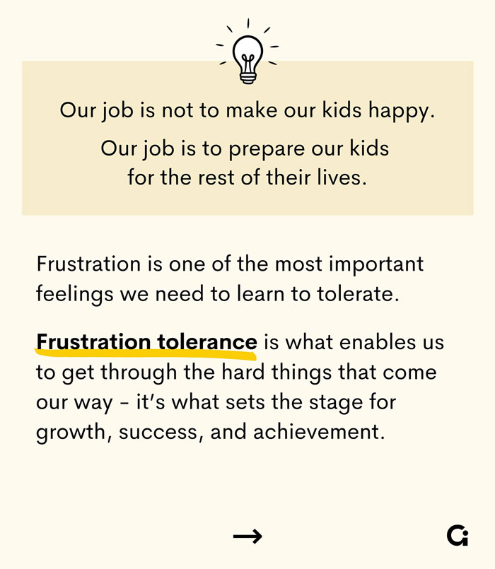 Text on frustration tolerance and parenting kids for their future success, emphasizing key concepts.