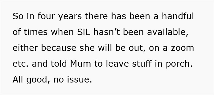 Text about MIL visiting son's home unannounced and being told to leave items in the porch. Text about MIL visiting son's home unannounced and being told to leave items in the porch.