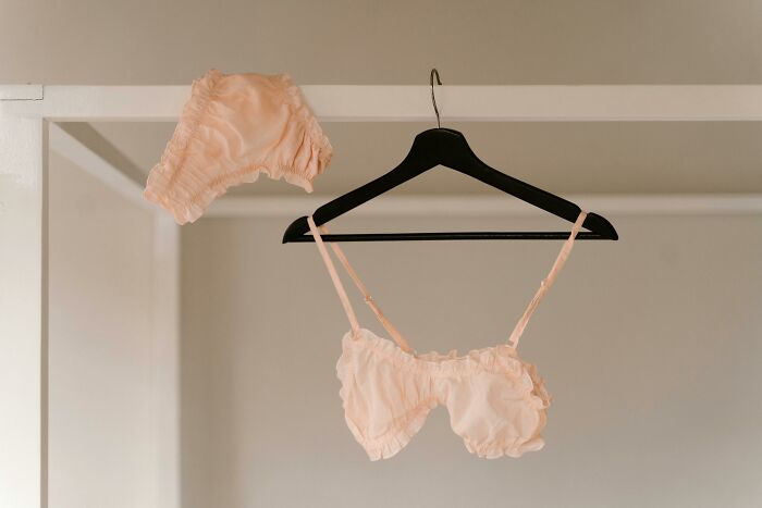 Peach lingerie on a hanger, highlighting remote workers' unspoken WFH perks of comfort and freedom.