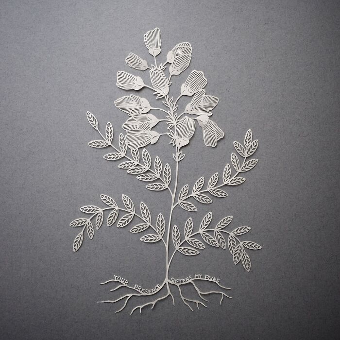Intricate paper art design depicting a detailed plant with leaves and flowers, inspired by nature, by Pippa Dyrlaga.