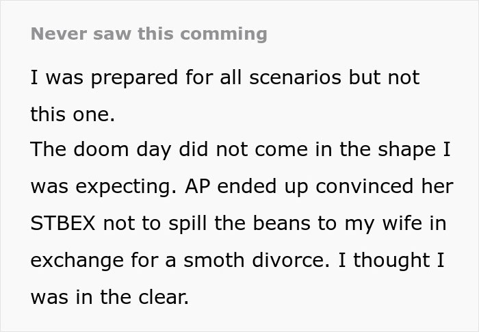 Text about a marriage ending due to infidelity and an unexpected revelation. Text about a marriage ending due to infidelity and an unexpected revelation.