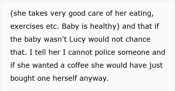Text about a woman buying coffee for a pregnant coworker, discussing health considerations.