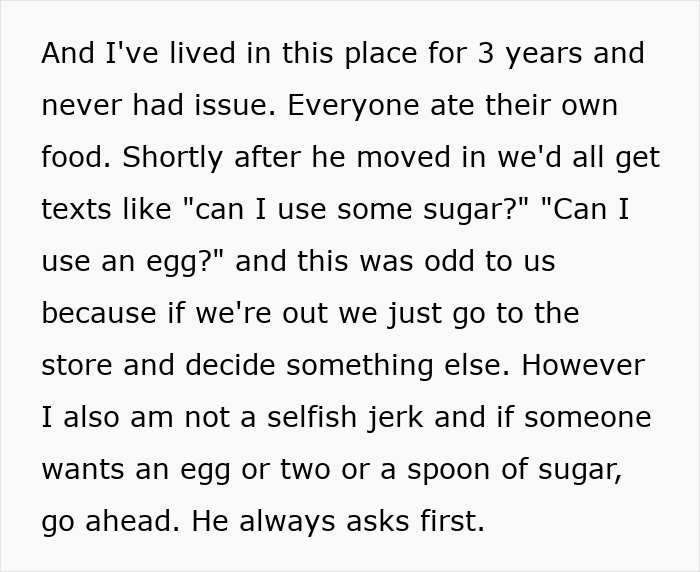 Text discussing a roommate sharing food and the issues that arose.