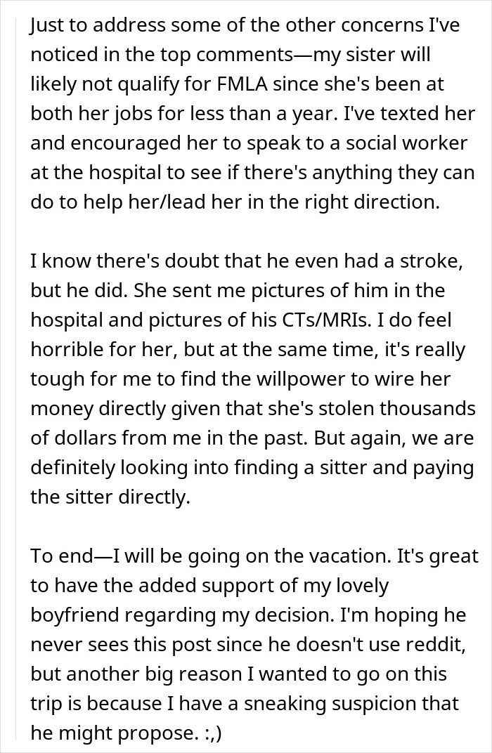 Text message about a woman refusing to rebook an $18K trip despite her sister's plea for help.