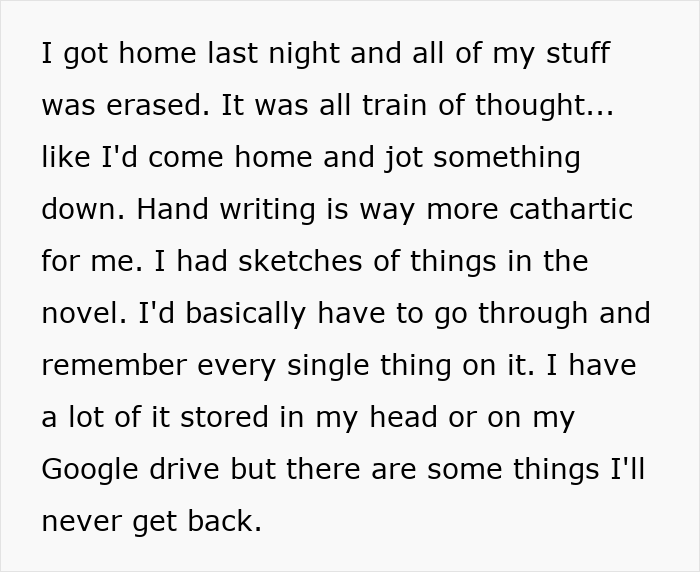 Text describing a woman's frustration over her novel planning being erased from a whiteboard.