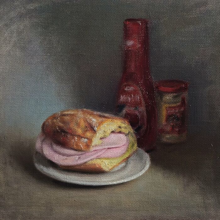 Oil painting of a sandwich with meat, ketchup bottle, and jar, evoking Eastern Europe's nostalgia.