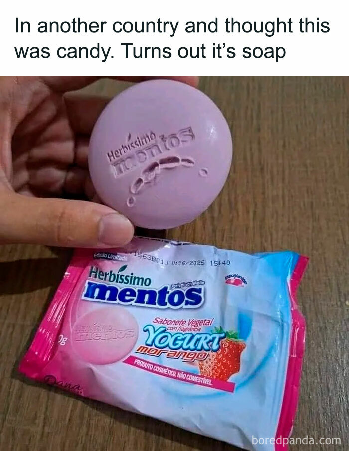 Someone holding Mentos-lookalike soap with strawberry yogurt packaging, mistaking it for candy; humorously nerdy meme.