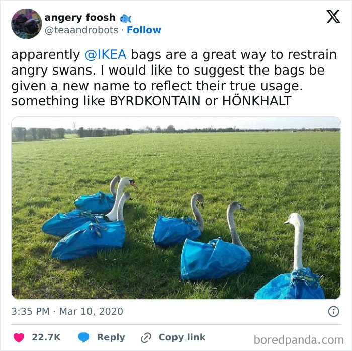 Swans humorously restrained with blue IKEA bags in a field, illustrating a funny meme from "50 Nerds Of Grey."