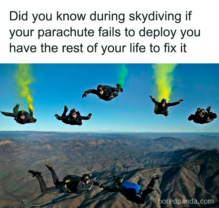 Skydivers with colored trails and humorous text, illustrating a meme from "50 Nerds Of Grey."