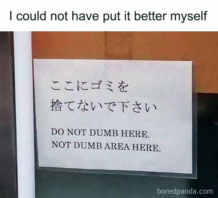 Sign with humorous mistranslation: "DO NOT DUMB HERE. NOT DUMB AREA HERE," resembling a nerdy meme style.