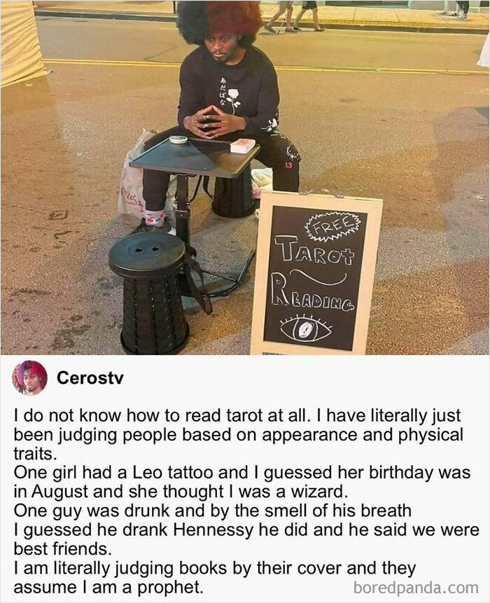 Man sitting on sidewalk offering free tarot readings, humorous caption underneath referencing judging by appearances.