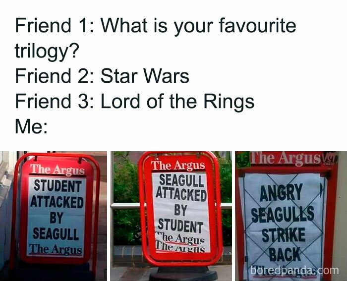 Meme comparing seagull attack news to favorite trilogies, humorously implying it's a trilogy.