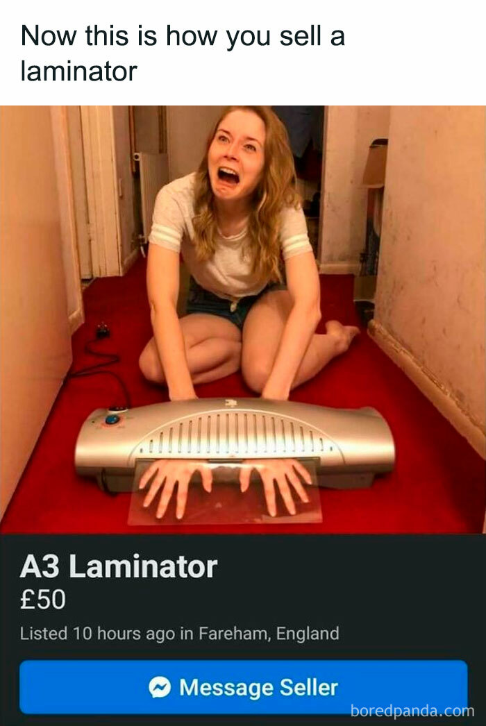 Woman humorously demonstrates a laminator sale, hands seemingly caught in it, reflecting "Nerds Of Grey" meme humor.