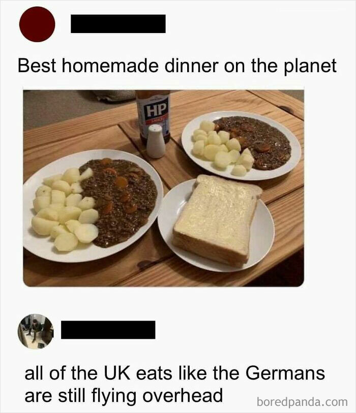 Simple dinner with potatoes, stew, and bread with captions emphasizing humor, offering a funny take on UK meals.