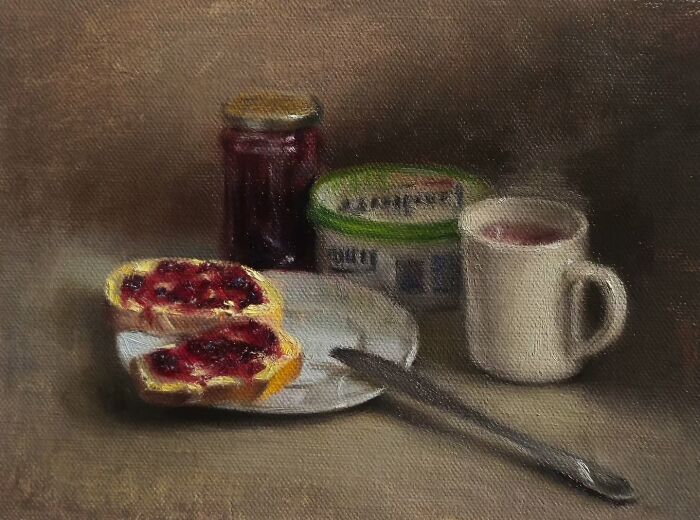 Oil painting of breakfast setting, capturing Eastern Europe nostalgia with bread, jam, butter, and a steaming mug.