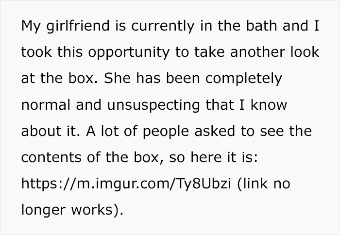 Text describing a guy's discovery of a creepy box in his girlfriend's wardrobe, sparking curiosity.