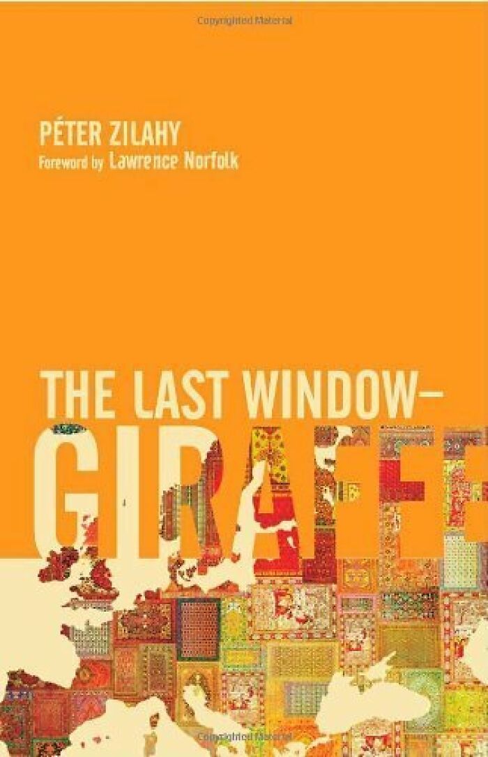 "The Last Window Giraffe book cover with vibrant orange background and map design."