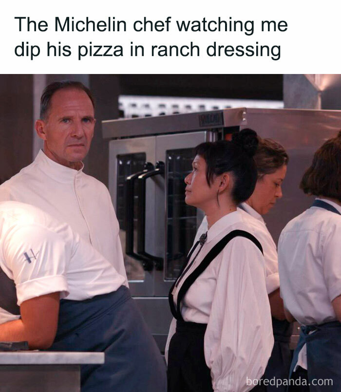 Chef watching someone dip pizza in ranch dressing, humorous cooking meme.