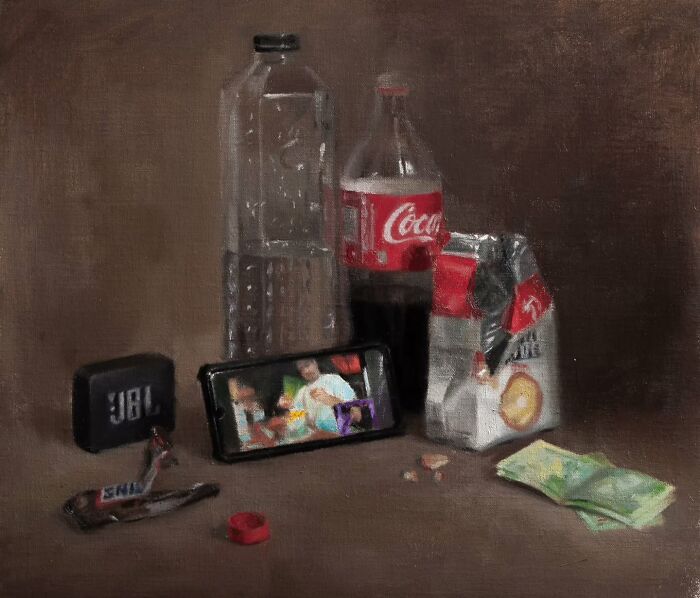 Oil painting depicting Eastern Europe’s collective nostalgia with everyday items like bottles, a phone, and snacks.