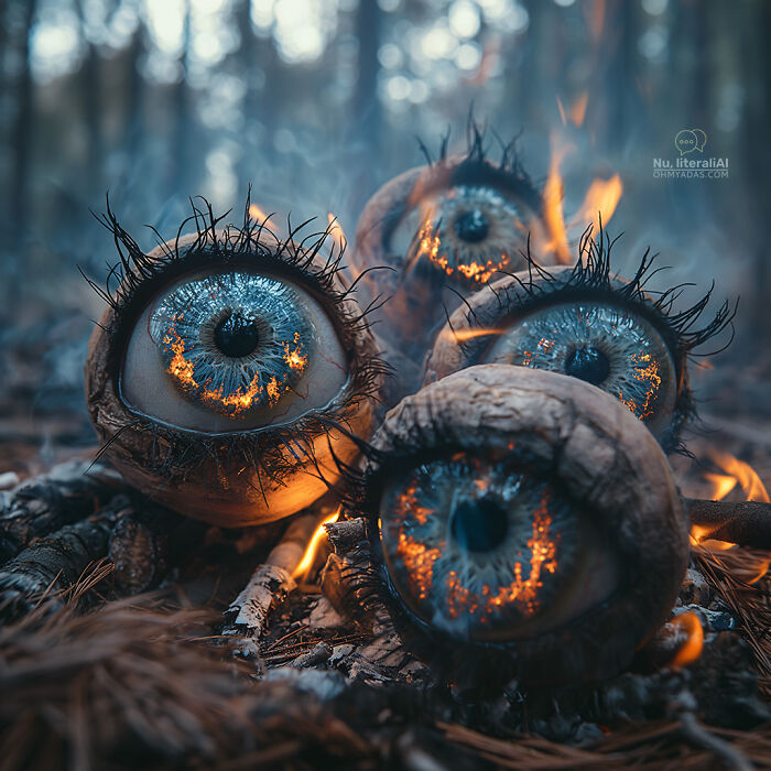 Burning eyeballs in a forest, creatively interpreting funny Lithuanian idioms with AI-generated visuals.