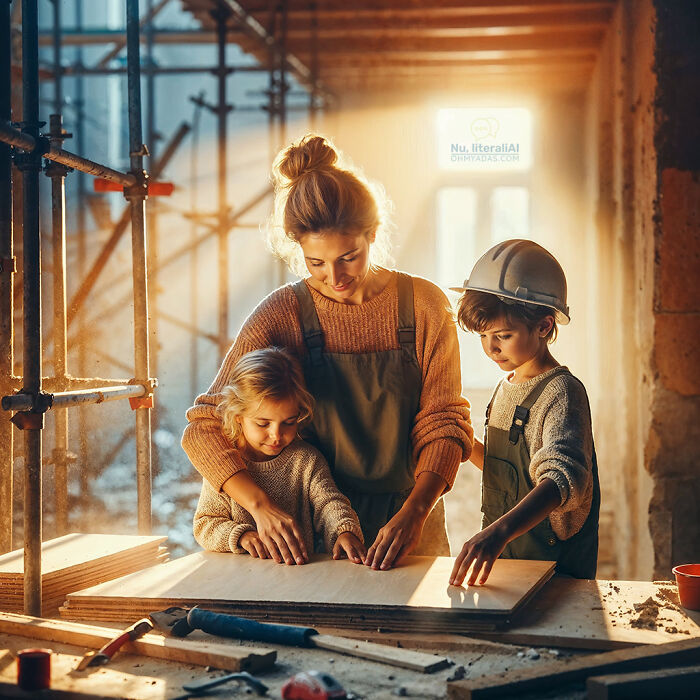 Family in a workshop with children wearing overalls, exploring funny native idioms concept.