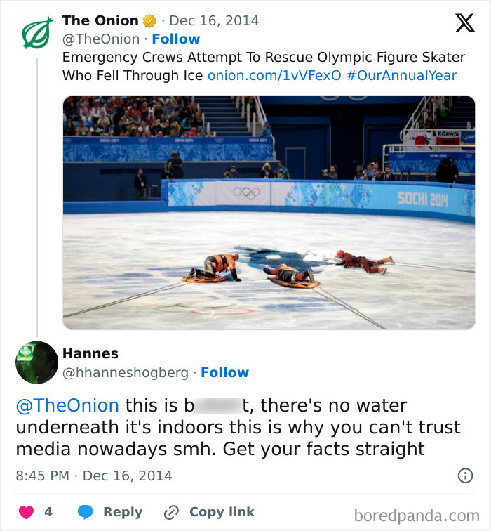 People fall for satirical news as tweet claims Olympic skater fell through ice indoors.