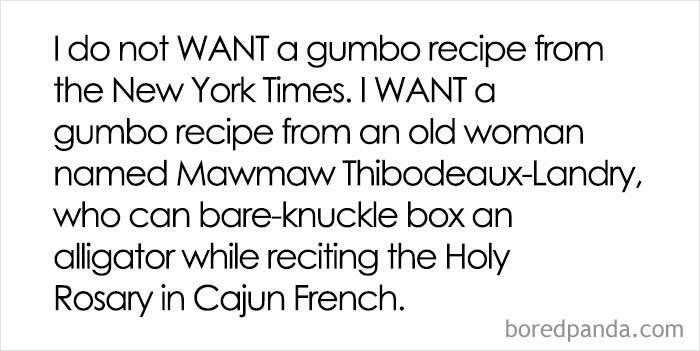 Cooking meme about preferring authentic gumbo recipe from Mawmaw, not the New York Times.