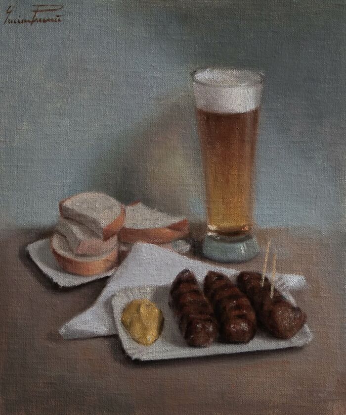 Oil painting of a beer, sliced bread, and sausages with mustard, capturing Eastern Europe nostalgia.
