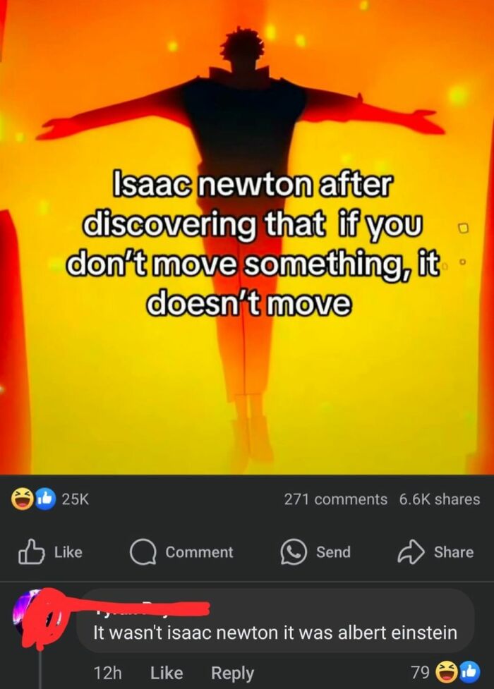 Meme of Isaac Newton with text about motion, followed by a humorous incorrect correction involving Albert Einstein.