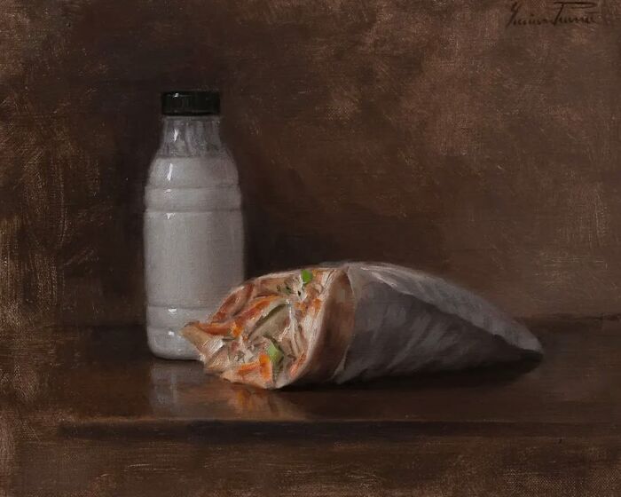 Oil painting depicting Eastern European food nostalgia with a wrapped sandwich and bottled milk.