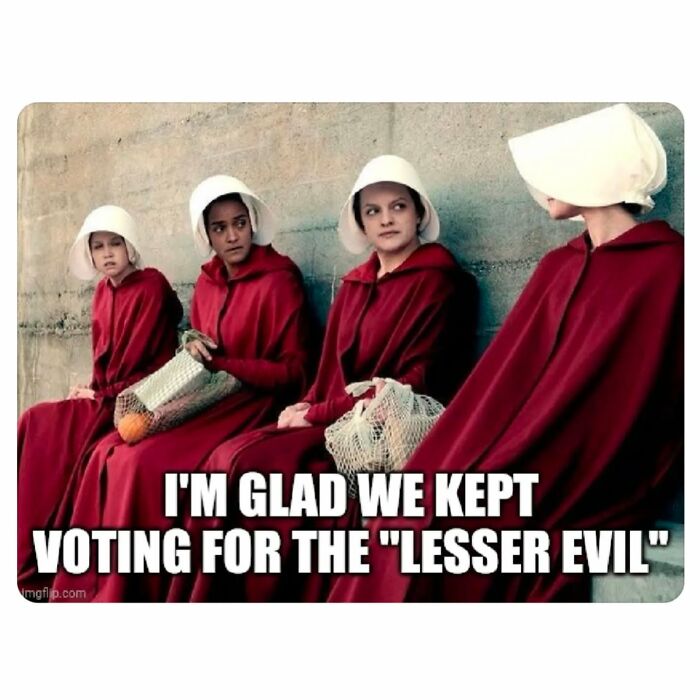 Women in red cloaks with white bonnets sit together; text highlights anti-capitalism sentiment about voting choices.