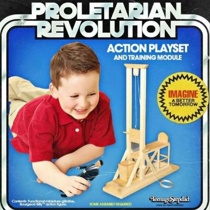 Child playing with a toy guillotine, labeled as a "proletarian revolution" action playset, illustrating anti-capitalism themes.