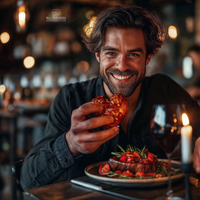 Man enjoying a meal with wine, illustrating funny Lithuanian idioms.