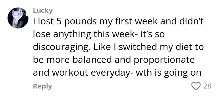 Comment discussing weight loss frustration and lifestyle change efforts.