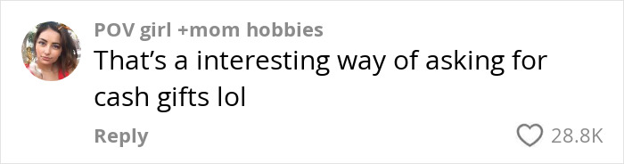 Comment on extreme demands before child's birthday party, noting unusual request for cash gifts. Comment on extreme demands before child's birthday party, noting unusual request for cash gifts.