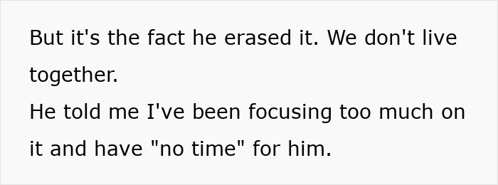 Text expressing frustration over erased novel planning on a whiteboard, highlighting relationship tension.