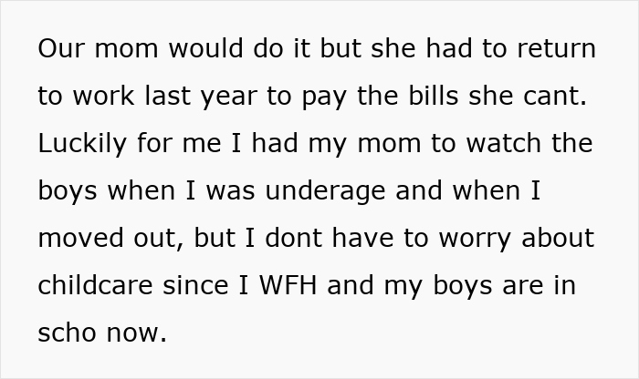 Text discussing childcare challenges and work-from-home arrangements, mentioning "work" and "childcare" issues within a family context. Text discussing childcare challenges and work-from-home arrangements, mentioning "work" and "childcare" issues within a family context.