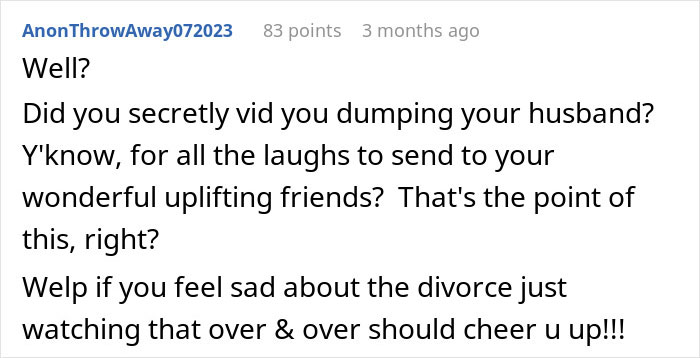 Comment referencing a woman's joke leading to a husband's divorce papers.