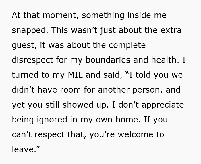 Text message about MIL conflict over uninvited dinner guest and setting boundaries.