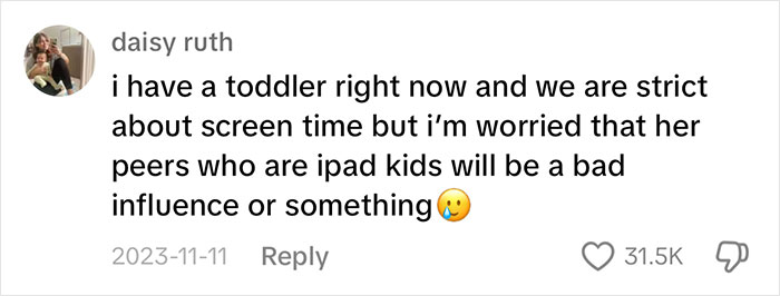 Comment expressing concern about screen time for children, mentioning iPad Kids as a potential bad influence.
