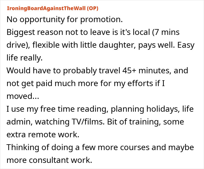 Text from a forum post discussing job automation, flexibility, and using free time effectively.