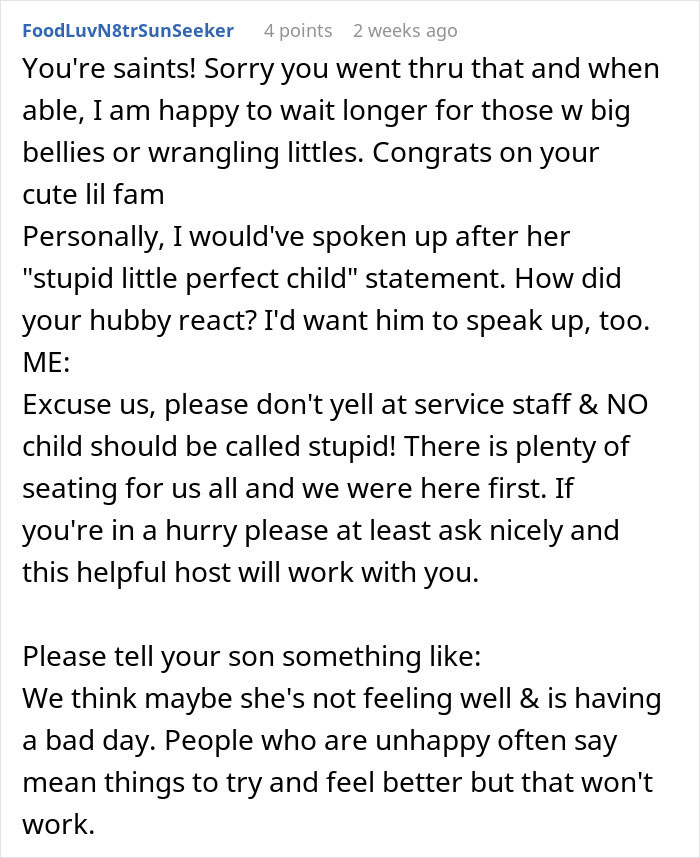 Comment defending a family after a restaurant incident with an upset customer.