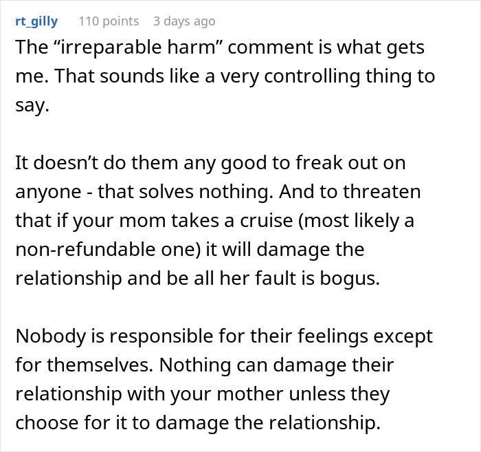 Text response discussing mom's decision about cruise and its impact on family relationships.