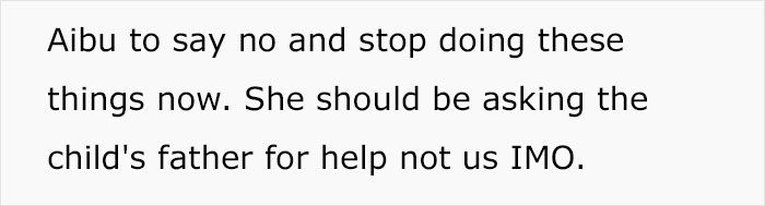 Text expressing someone's opinion on declining help, mentioning child's father.