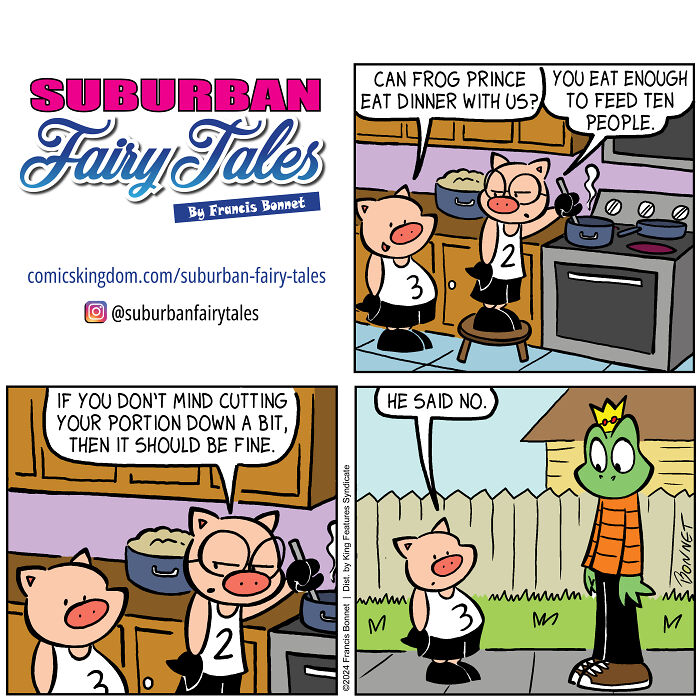 Comic strip depicting relationship disasters from a pig's perspective featuring two pigs and a frog prince in a humorous scene.