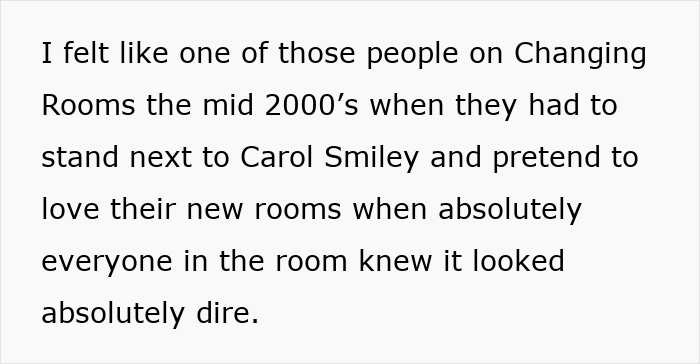 Text about a lounge redecoration looking dire, referencing a mid-2000s TV show scenario. Text about a lounge redecoration looking dire, referencing a mid-2000s TV show scenario.