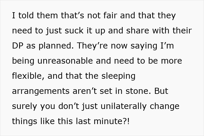 Text screenshot discussing room-sharing disagreement during a trip, highlighting sibling annoyance. Text screenshot discussing room-sharing disagreement during a trip, highlighting sibling annoyance.