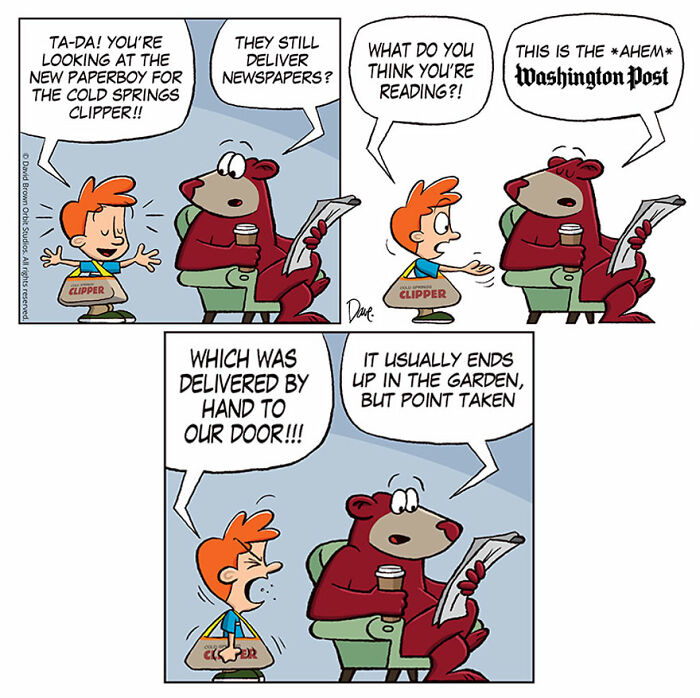 Cartoon of Planey Joey discussing newspaper delivery with a bear, referencing the Washington Post in a humorous exchange.