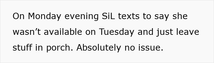 SiL texts about not being available and suggests leaving things on the porch; MIL drops by unexpectedly. SiL texts about not being available and suggests leaving things on the porch; MIL drops by unexpectedly.